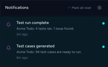 The notification bell menu showing Test run complete and Test cases generated notifications