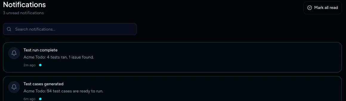 The Notifications page listing a test run and a test case generation notification