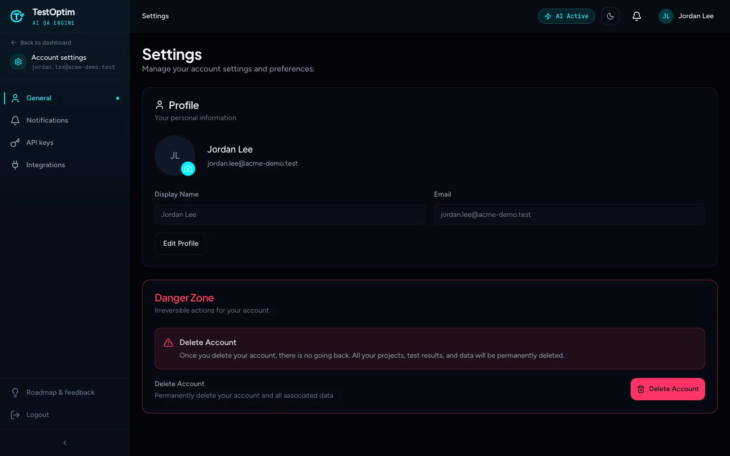 The General settings page with the Profile section and the Danger Zone