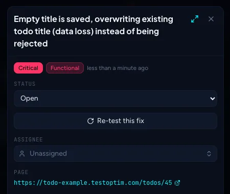 The issue detail panel with the Re-test this fix button