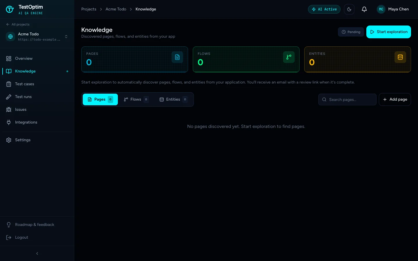 The Knowledge page with the Pending badge and the Start exploration button