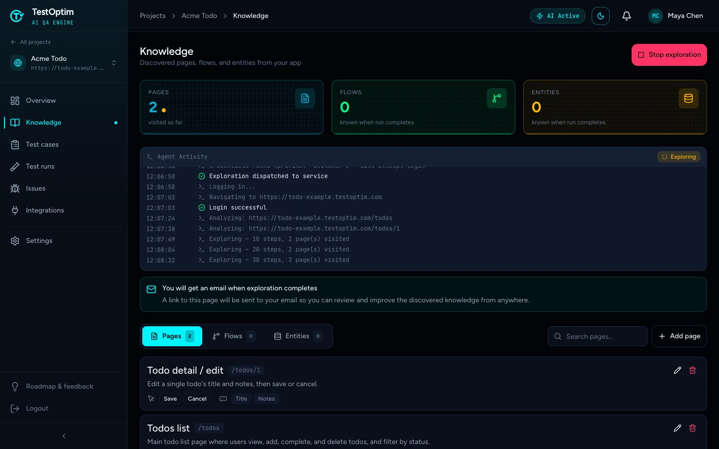 The Agent Activity log with the Exploring badge and a rising page count
