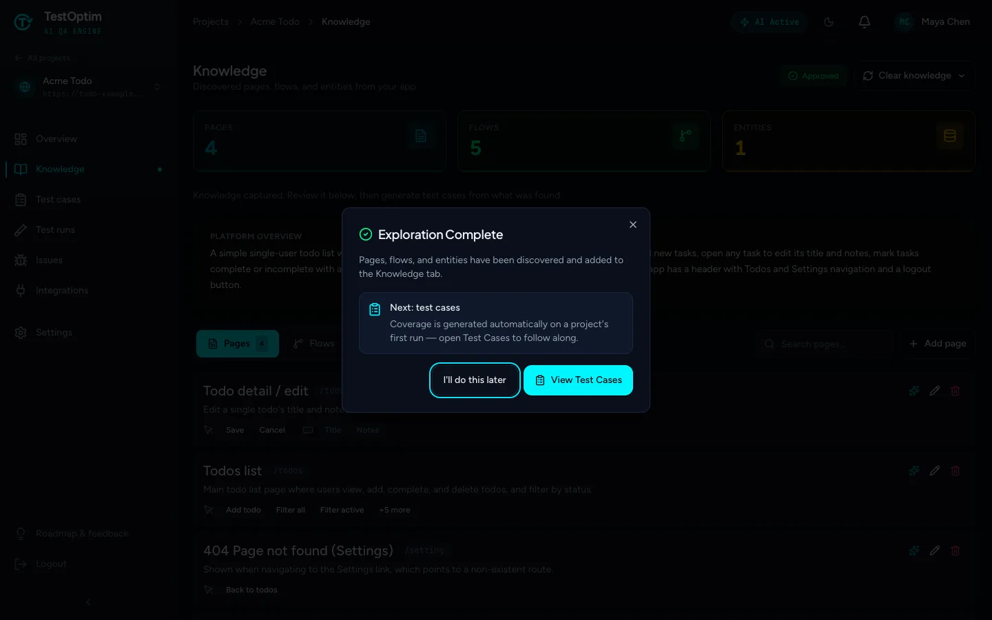 The Exploration Complete dialog with the buttons I'll do this later and View Test Cases