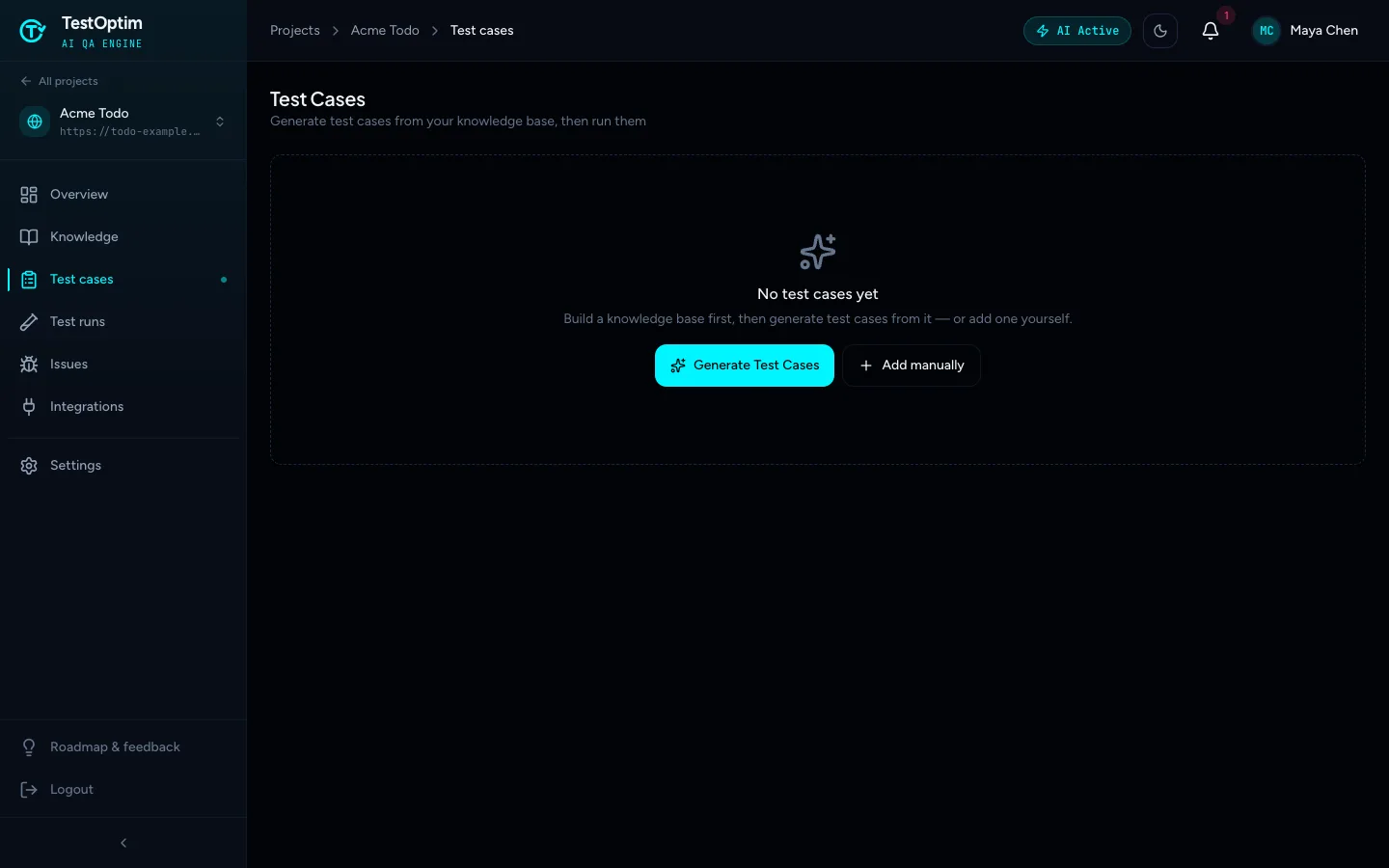 The empty Test Cases page with the Generate Test Cases and Add manually buttons