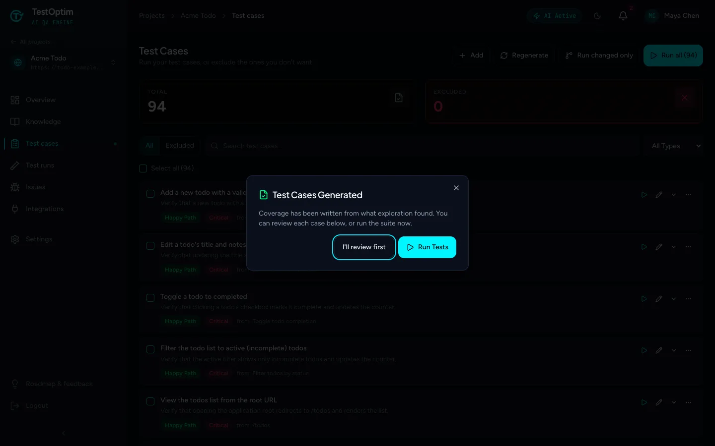 The Test Cases Generated dialog with the buttons I'll review first and Run Tests