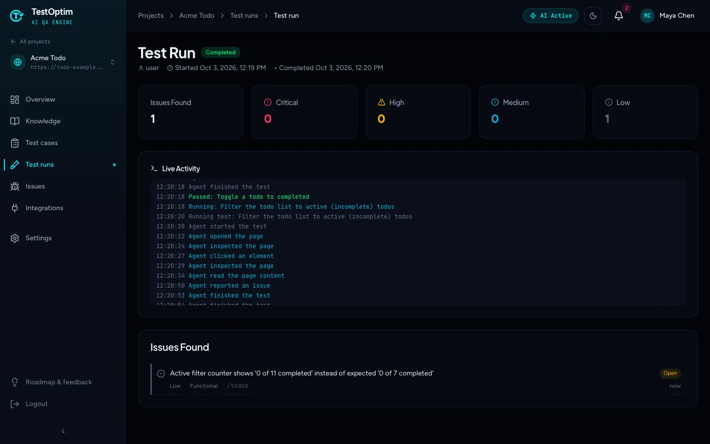 A completed test run with severity counters, the live activity log and the Issues Found list