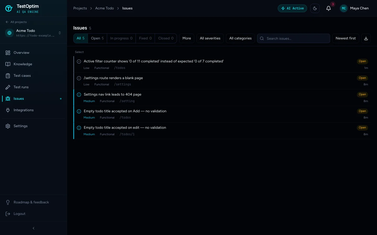 The Issues list with severity, category and Open status for each issue