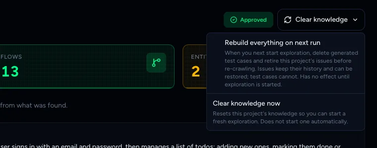 The Clear knowledge menu with Rebuild everything on next run and Clear knowledge now