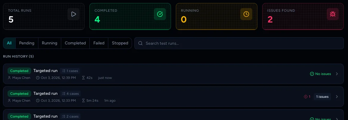 Test runs list with Total runs, Completed, Running and Issues found counters and completed runs showing No issues or an issue count