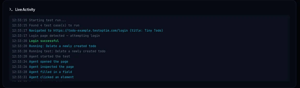 Live Activity log with timestamped lines for each step the agent took