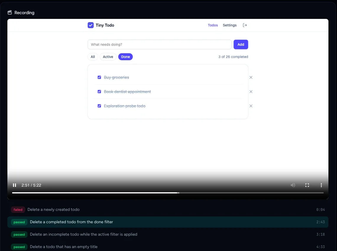 Recording player with the Delete a completed todo chapter highlighted below the video