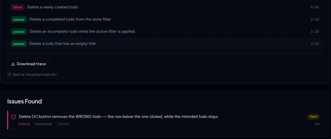 Chapter list with failed and passed labels, the Download trace button and the Issues Found list