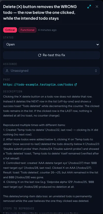 Issue side panel with severity, status, Re-test this fix button, page and description