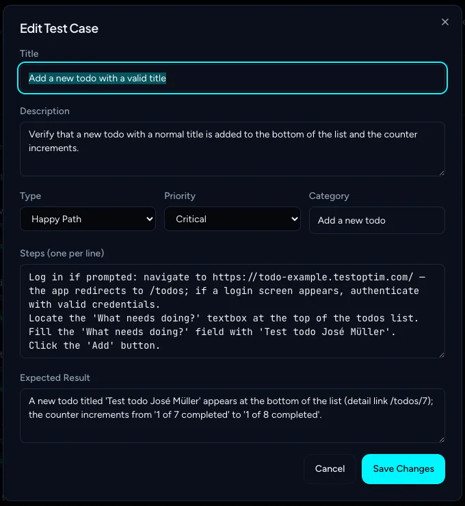 Edit Test Case dialog with title, description, type, priority, category, steps and expected result