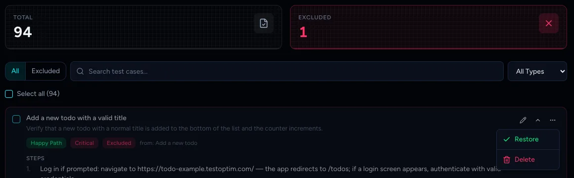 An excluded test case with the Excluded badge and a menu offering Restore and Delete