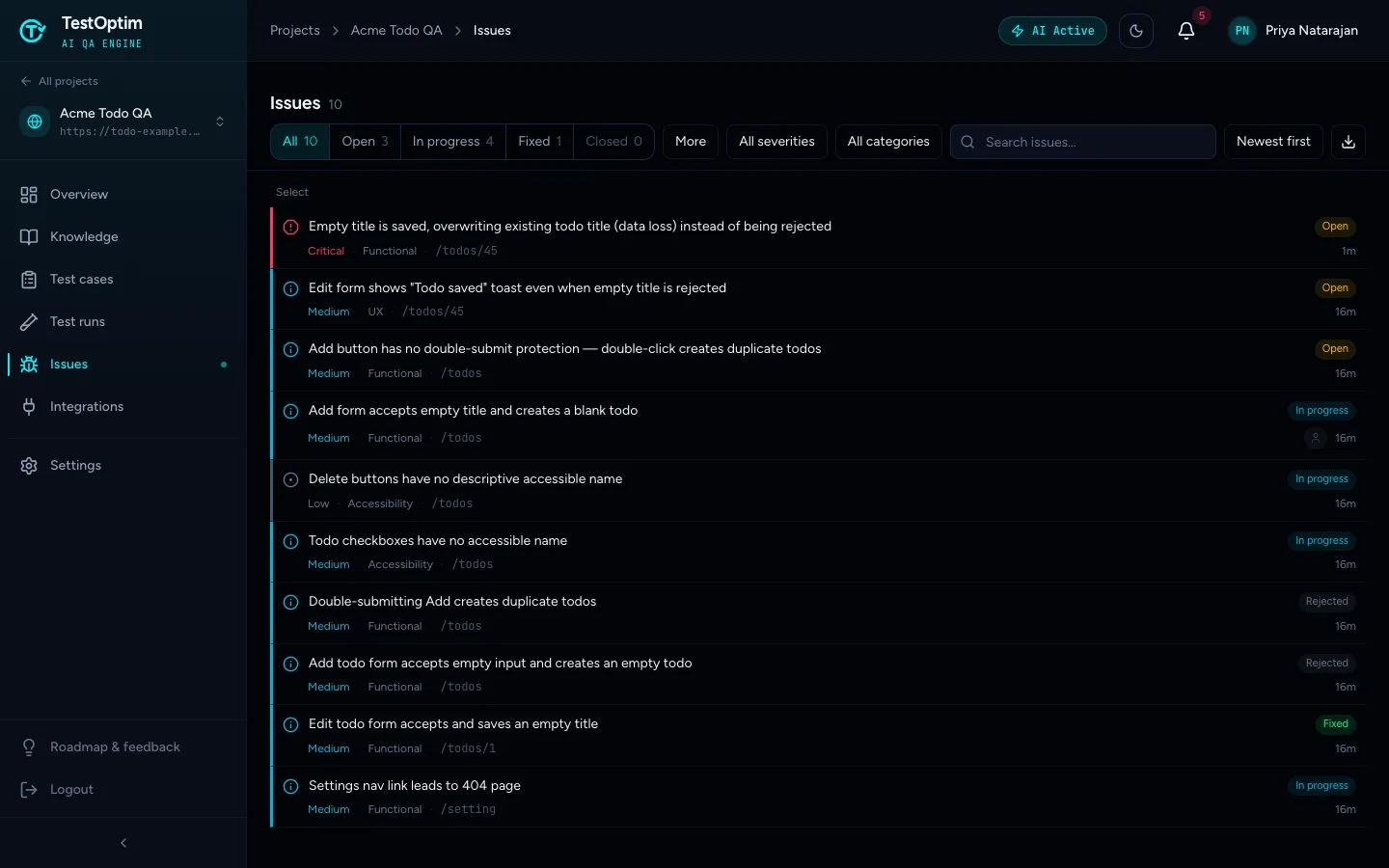The Issues list with status tabs, severity and category filters, search, sort and export controls