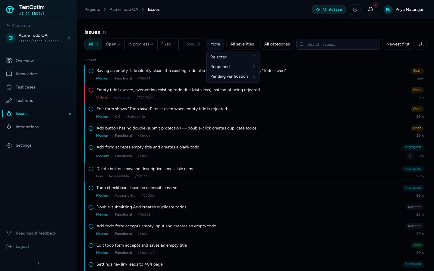 The More menu listing Rejected, Reopened and Pending verification with counts