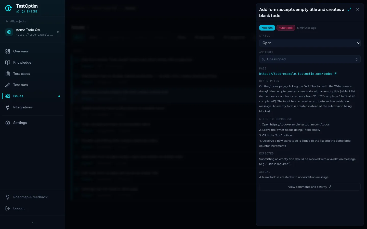 The issue detail panel showing status, assignee, page, description, steps to reproduce, expected and actual