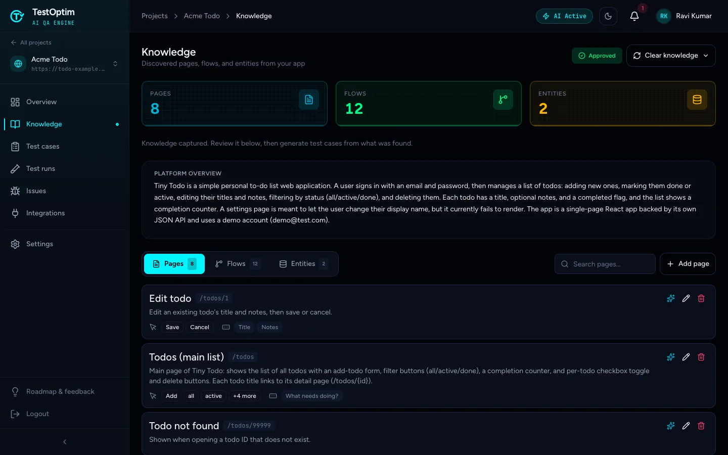 The Knowledge page after exploration with counters, the platform overview and the Pages tab