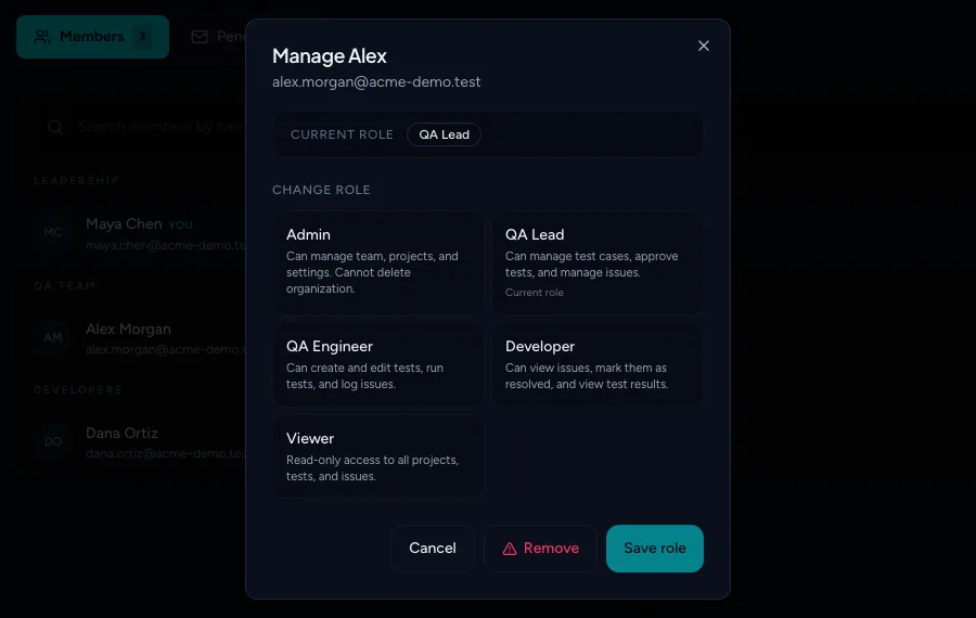 The Manage member dialog listing all roles with a one-line description of each