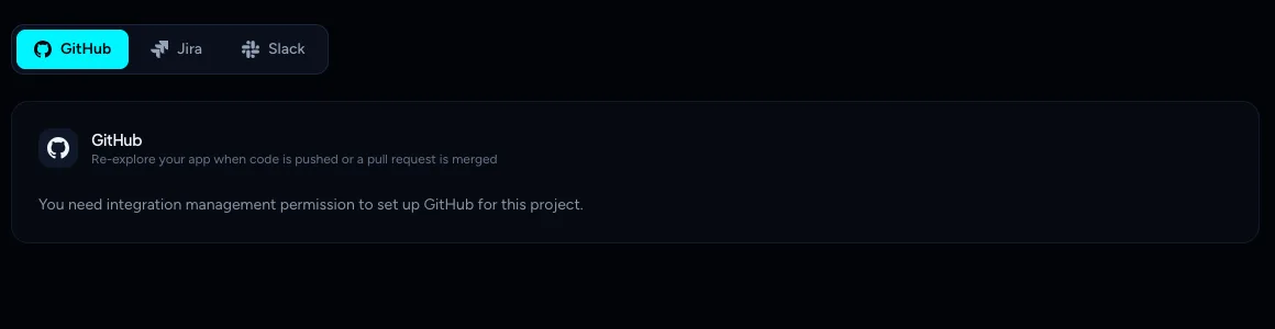 The GitHub integration card telling the user they need integration management permission