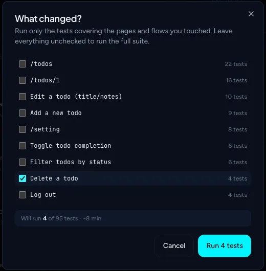 What changed dialog listing pages and flows with test counts, one ticked, and a summary line reading Will run 4 of 95 tests