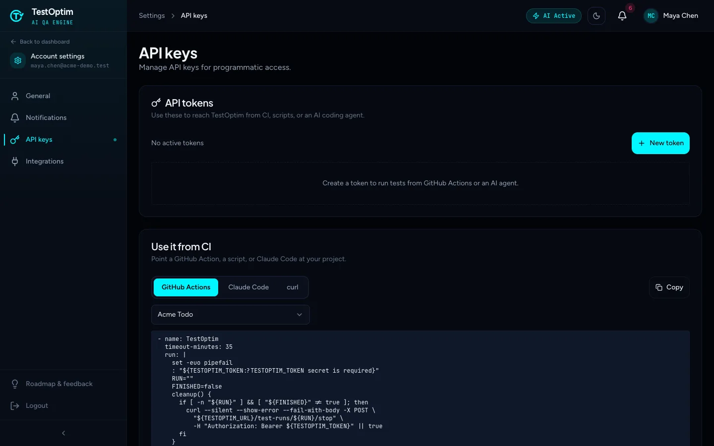 The API keys page with a New token button and the Use it from CI snippets
