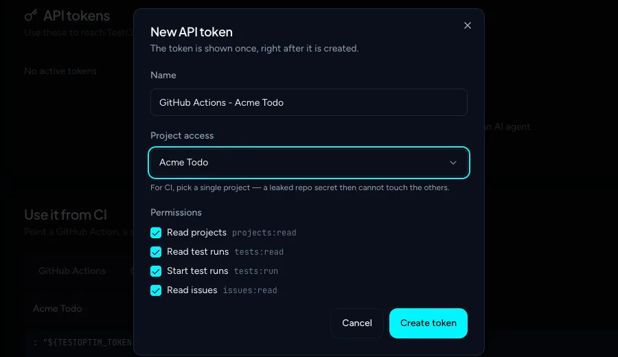 The New API token dialog with a name, one project and four permissions ticked
