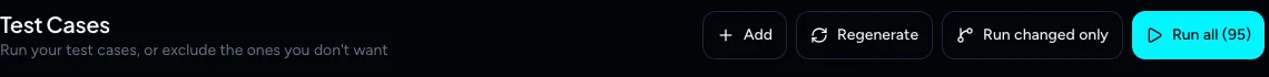 Test cases page header with the buttons Add, Regenerate, Run changed only and Run all (95)