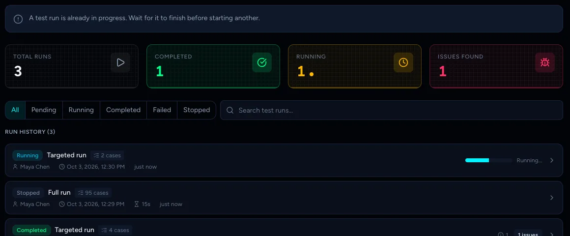 Test runs page while a run is active, with a banner that a run is already in progress and Start Test Run dimmed