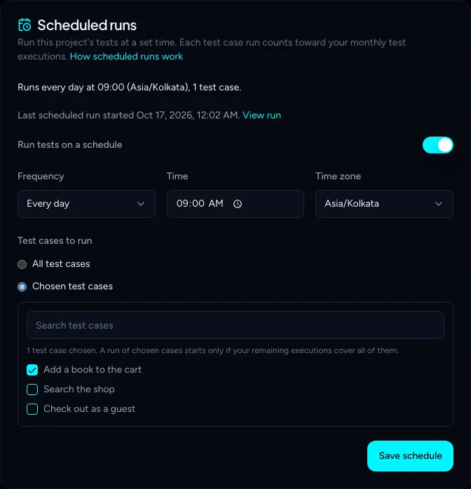 The Scheduled runs card in project Settings, set to run one chosen test case every day at 09:00
