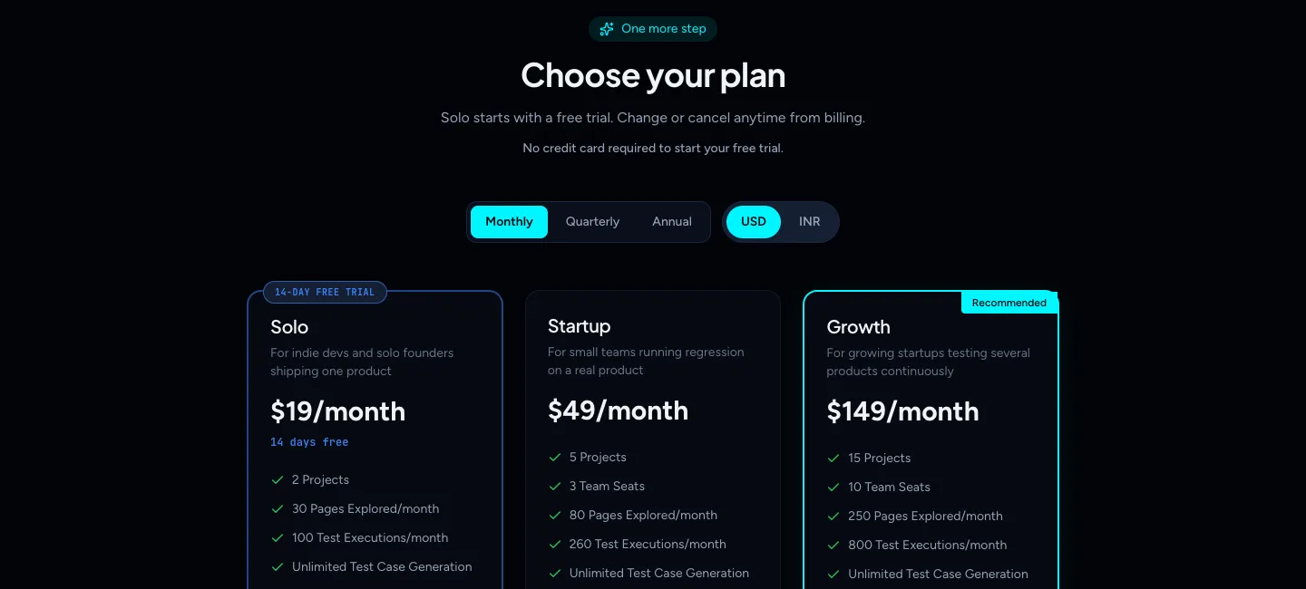 The plan picker with Monthly, Quarterly and Annual tabs, a USD and INR switch, and Solo, Startup and Growth cards
