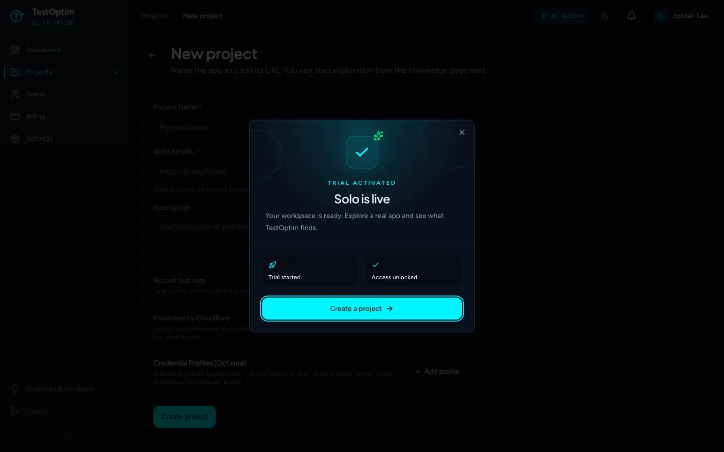 The Solo is live dialog with the Create a project button