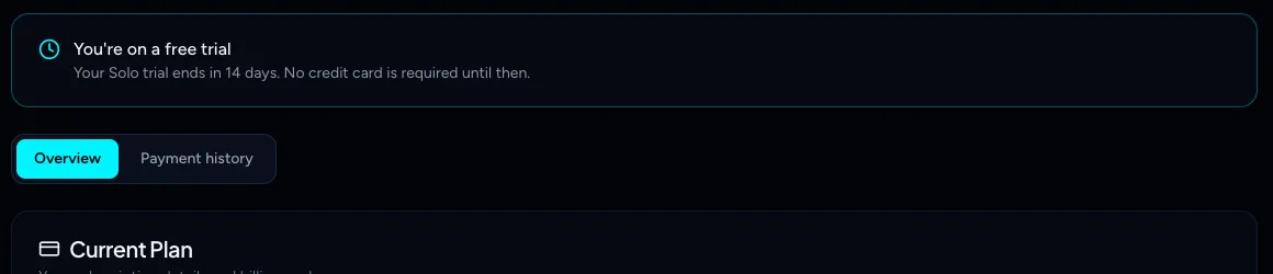 The Billing page banner reading You're on a free trial, with the number of days left