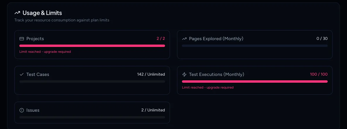 The Usage & Limits section with Projects 2 / 2 and Test Executions 100 / 100 both marked Limit reached - upgrade required