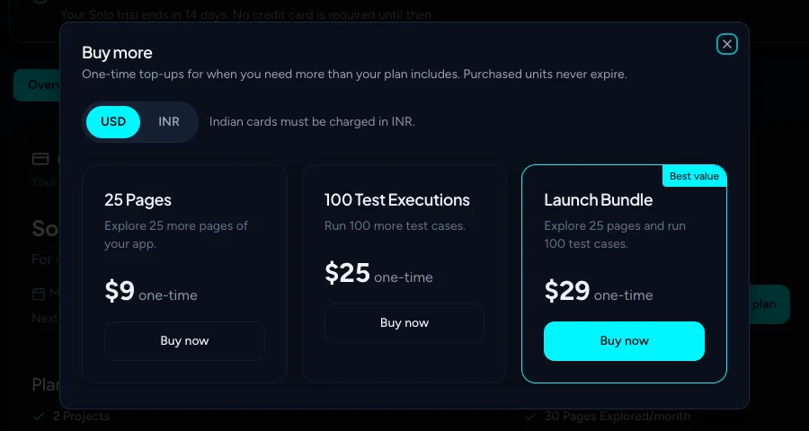 The Buy more dialog with 25 Pages, 100 Test Executions and Launch Bundle packs