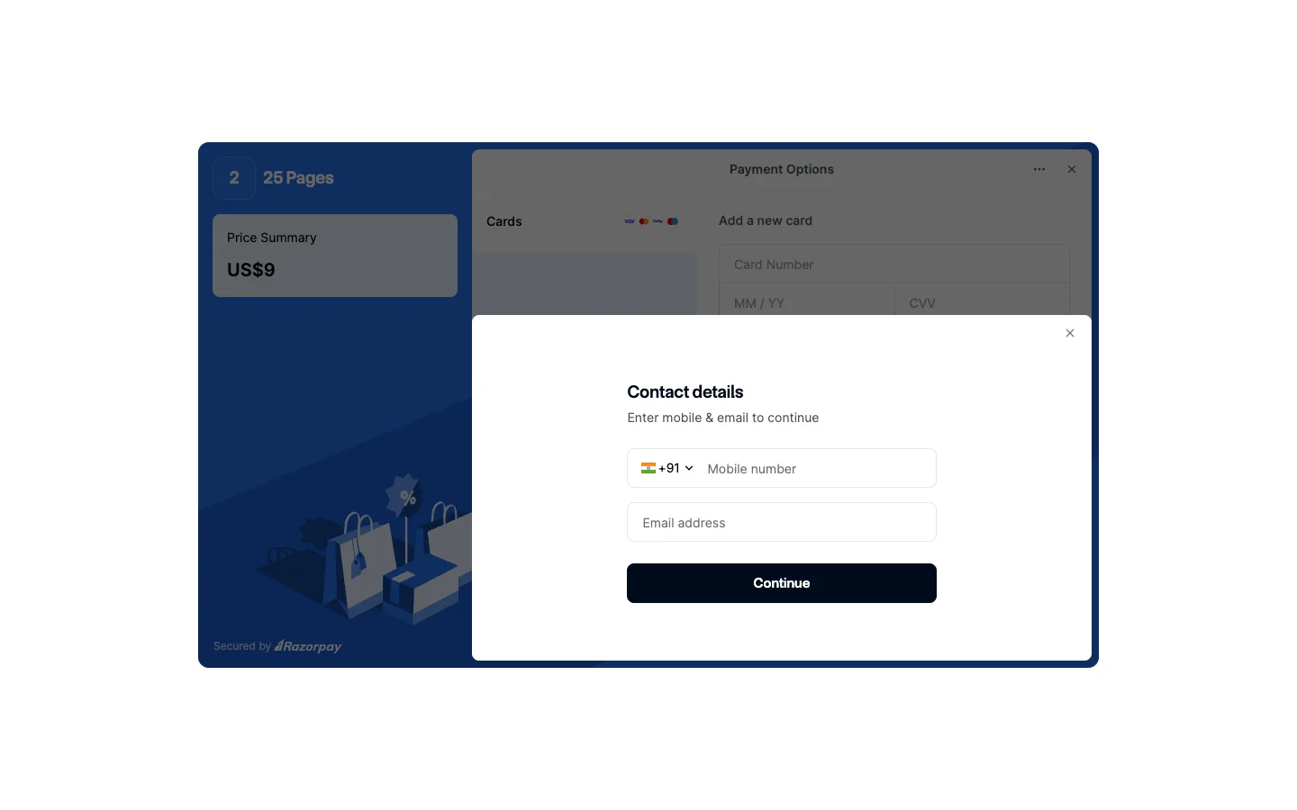 The Razorpay payment window for the 25 Pages pack, asking for contact details