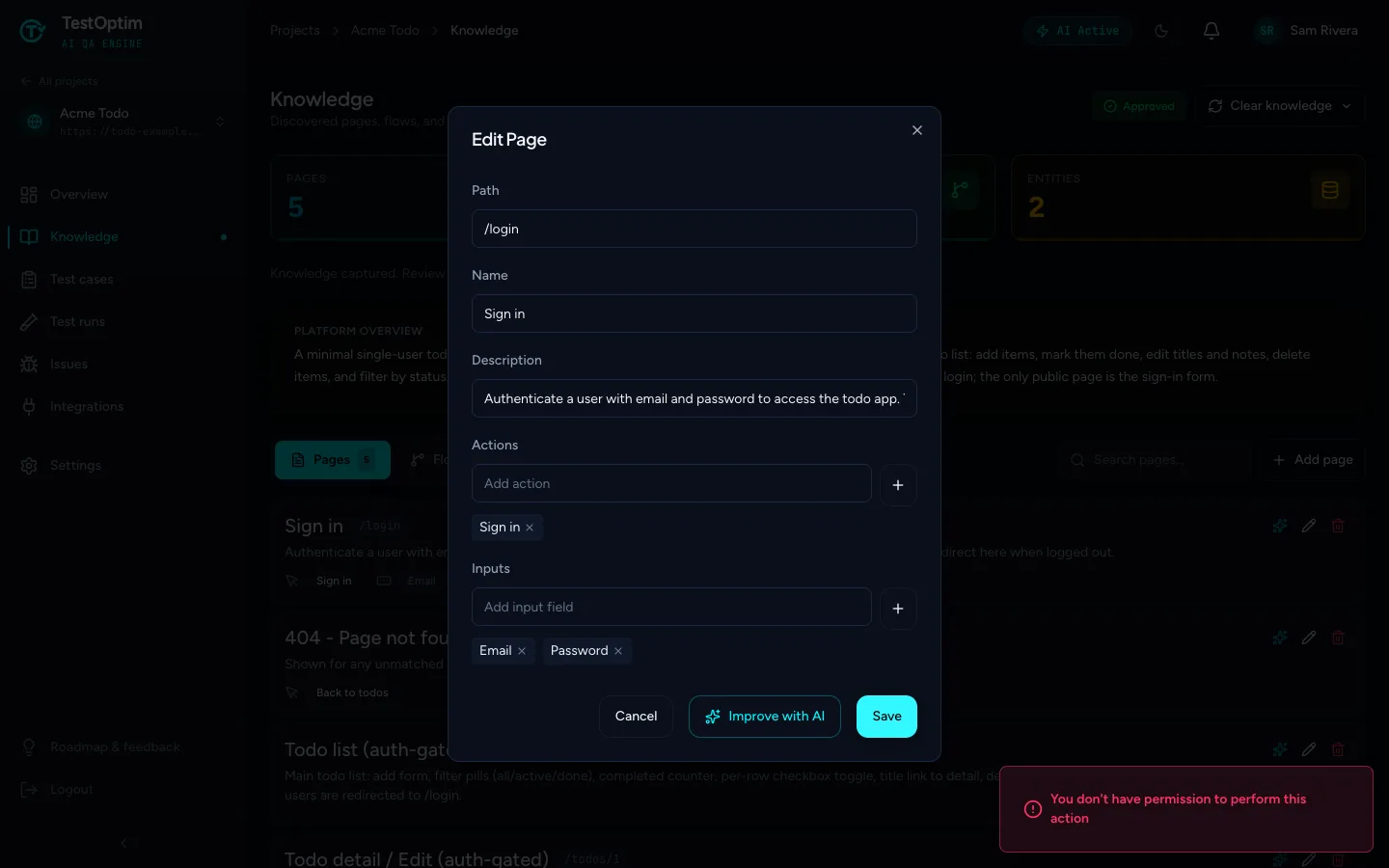 The Edit Page dialog with a red notification reading You don't have permission to perform this action