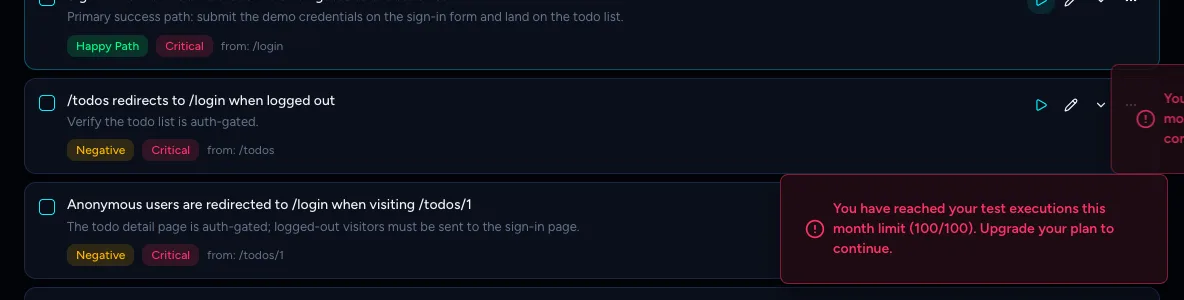 Two red notifications reading You have reached your test executions this month limit (100/100). Upgrade your plan to continue.